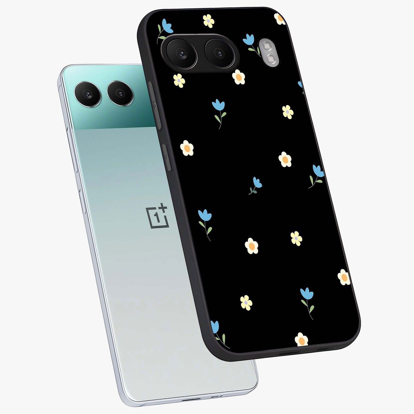 Minimalistic Blue With White Flower Pattern Glass Case for 1+Nord 4 angled mockup showcasing glossy finish and crisp clean detailing
