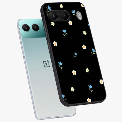 Minimalistic Blue With White Flower Pattern Glass Case for 1+Nord 4 angled mockup showcasing glossy finish and crisp clean detailing