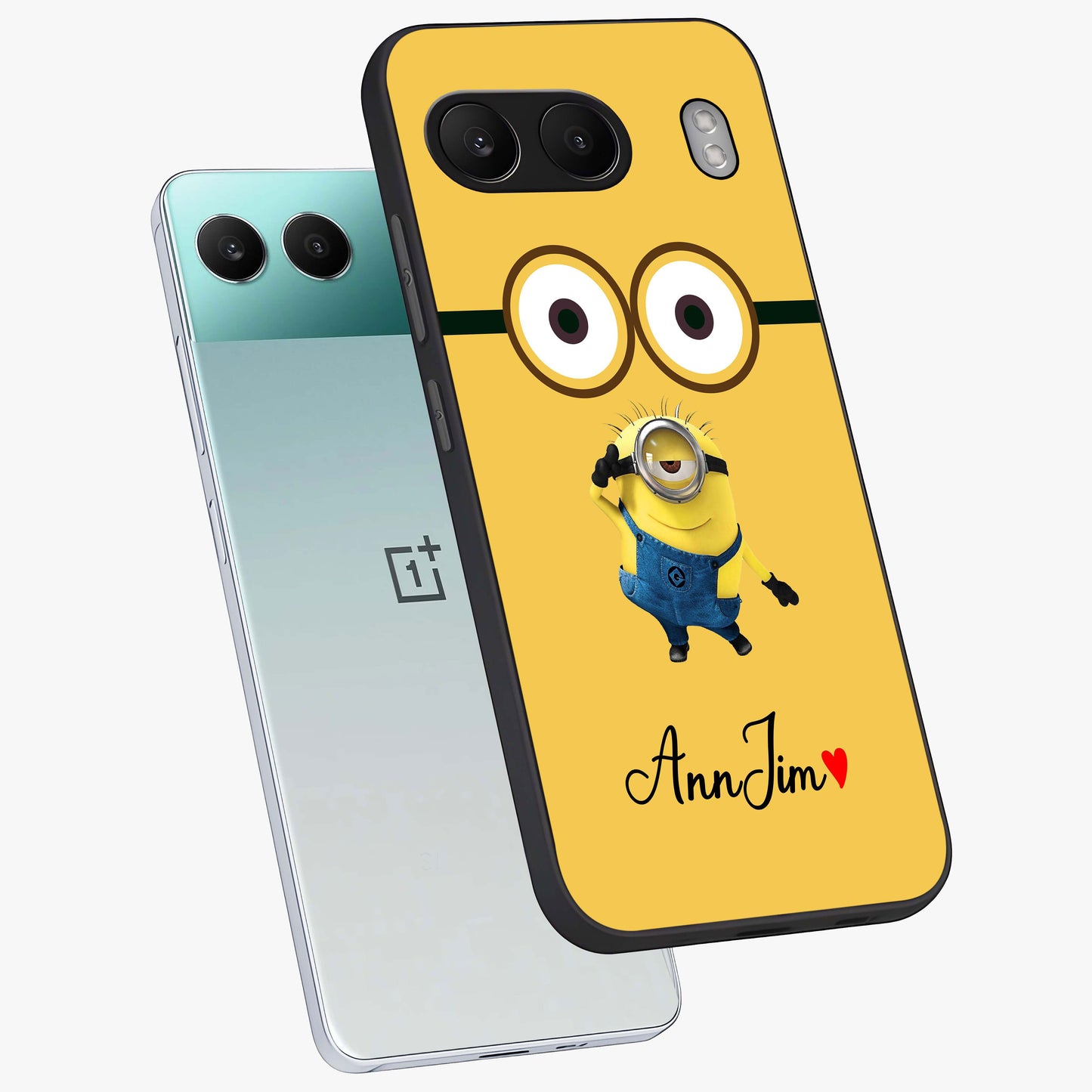 Minion Custom Name Glass Case for 1+Nord 4 angled mockup showcasing glossy finish and vibrant character detailing