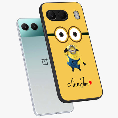 Minion Custom Name Glass Case for 1+Nord 4 angled mockup showcasing glossy finish and vibrant character detailing