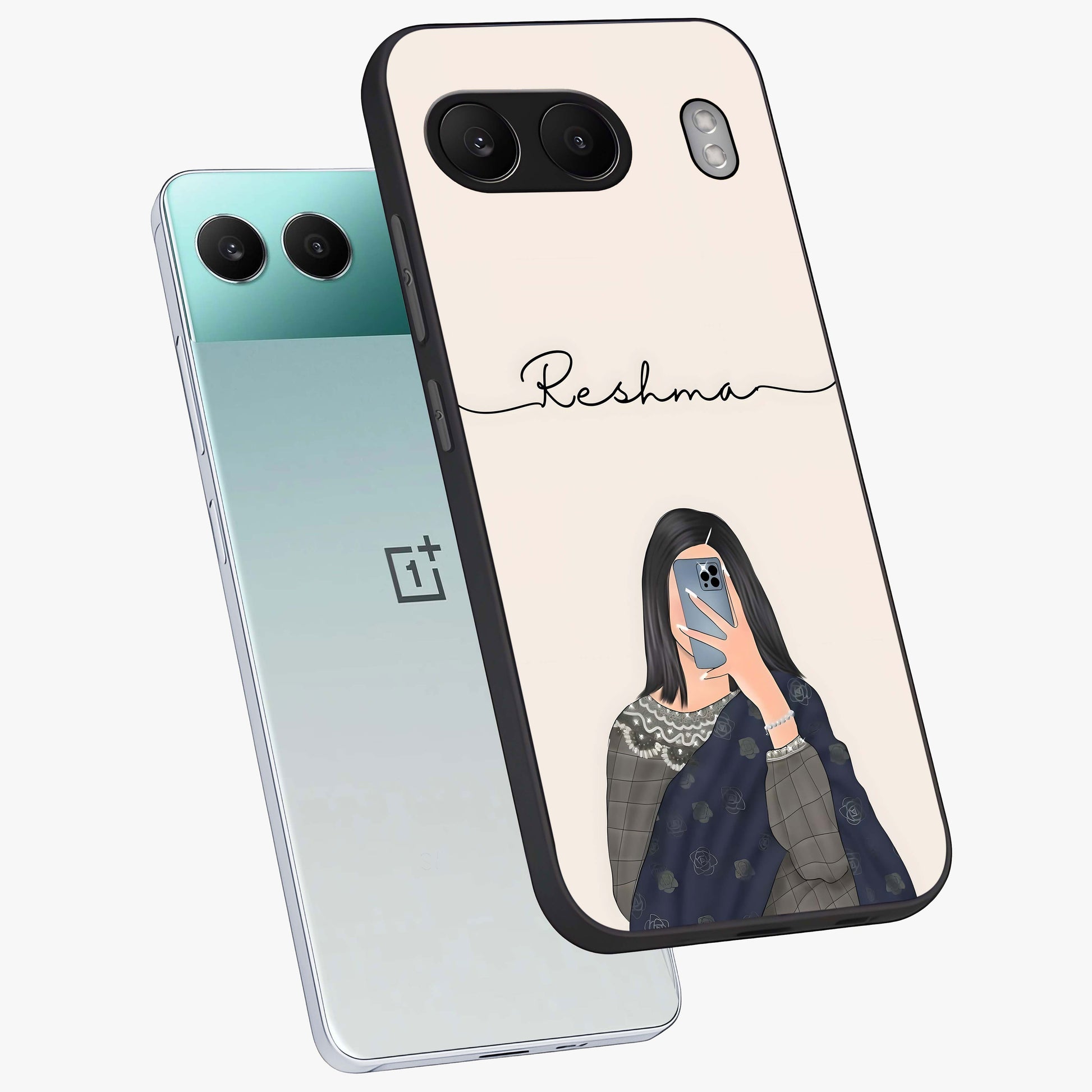 Mirror Mood Muse With Custom Name Glass Case for 1+Nord 4 angled mockup showcasing glossy finish and modern design tones