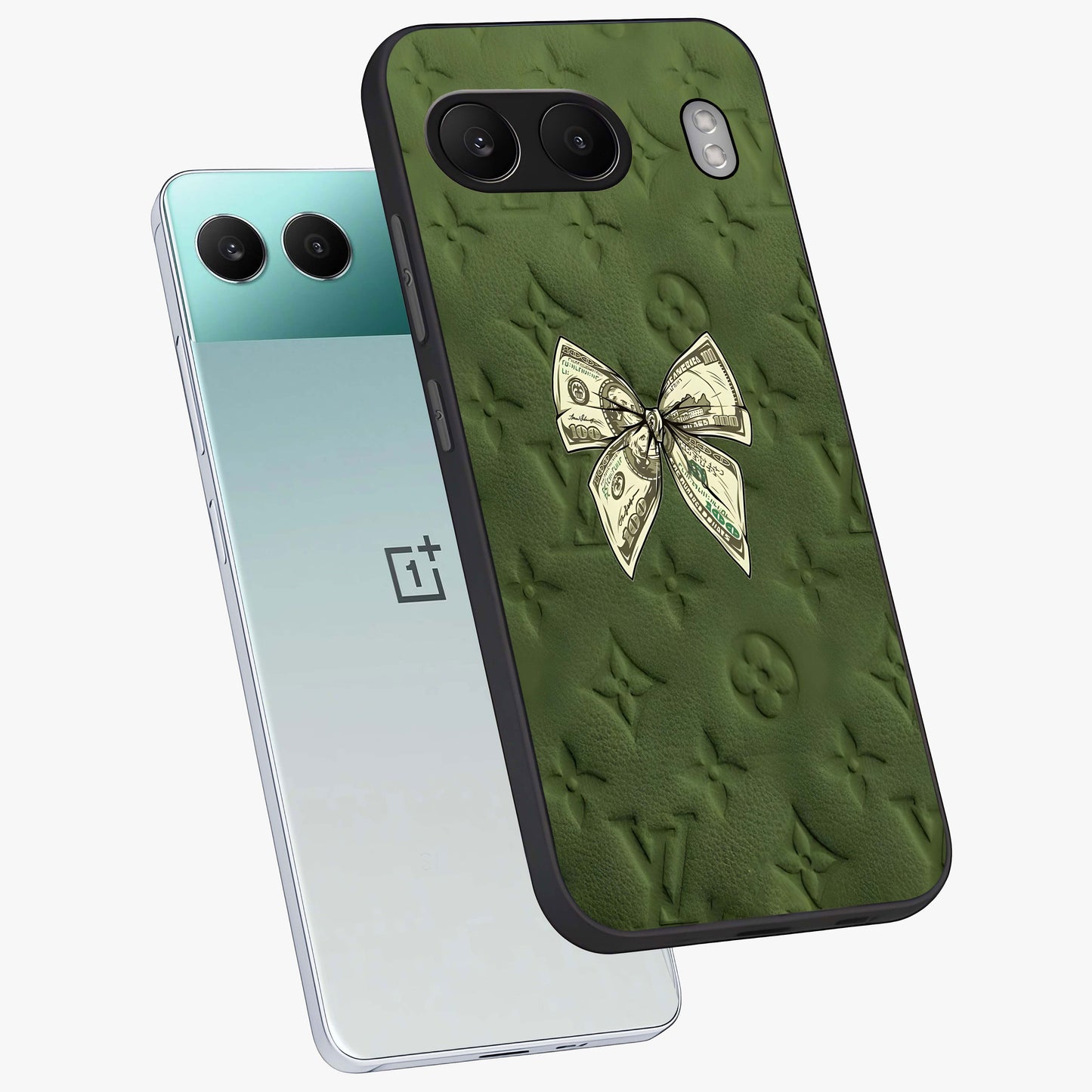 Money Bow Lv Glass Case for 1+Nord 4 angled mockup showcasing glossy finish and premium aesthetic detailing