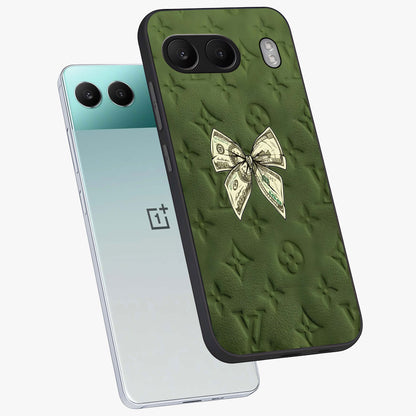 Money Bow Lv Glass Case for 1+Nord 4 angled mockup showcasing glossy finish and premium aesthetic detailing