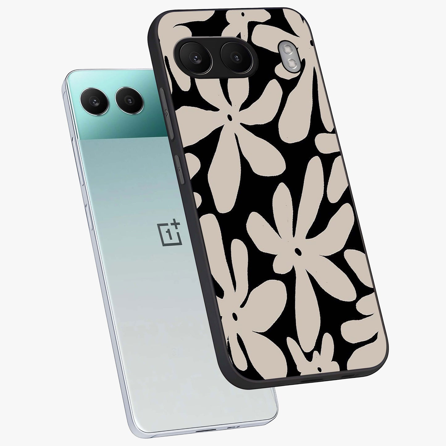 Monochrome Petal Dance Glass Case for 1+Nord 4 angled mockup showcasing glossy finish and elegant contrast detailing