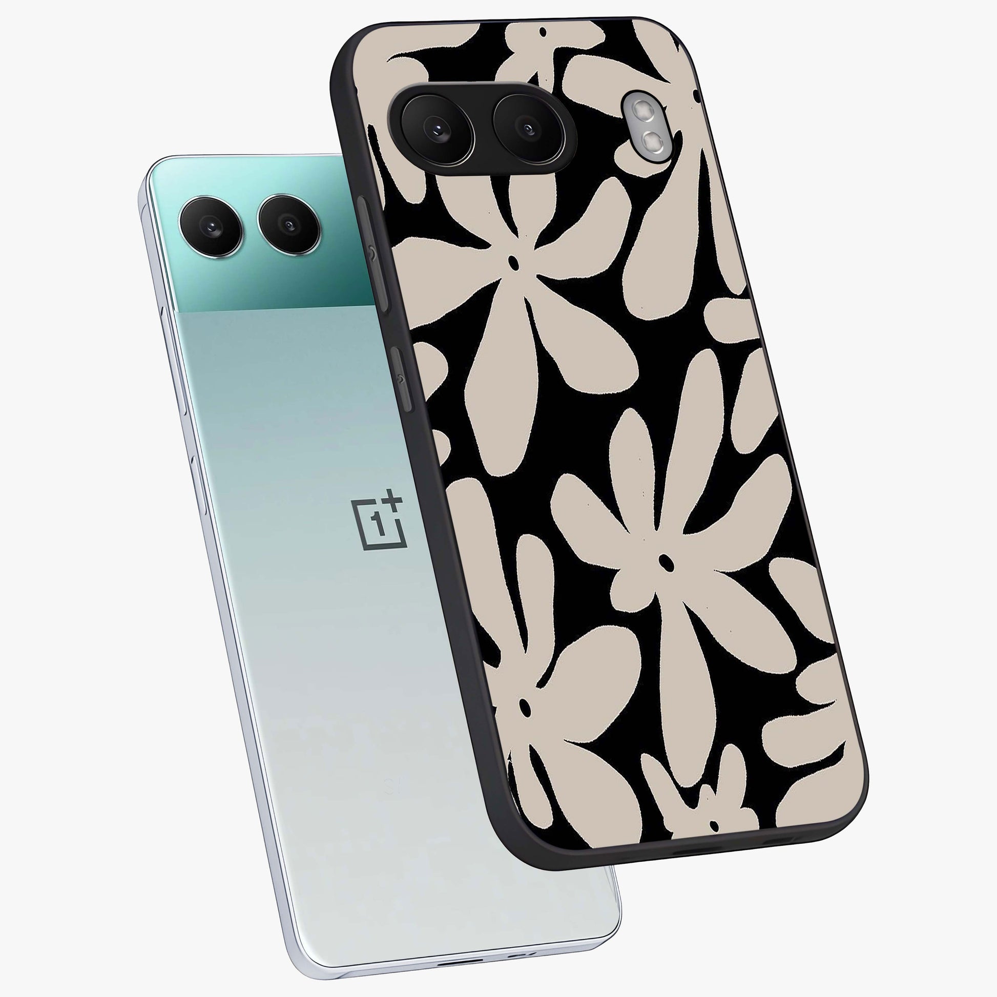 Monochrome Petal Dance Glass Case for 1+Nord 4 angled mockup showcasing glossy finish and elegant contrast detailing