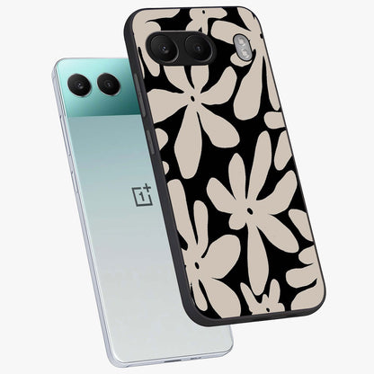 Monochrome Petal Dance Glass Case for 1+Nord 4 angled mockup showcasing glossy finish and elegant contrast detailing
