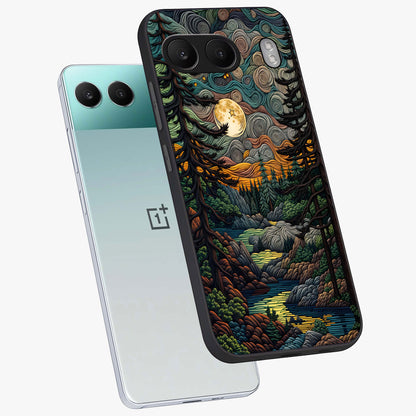 Moonlight Forest Dream Glass Case for 1+Nord 4 angled mockup showcasing glossy finish and deep night gradients