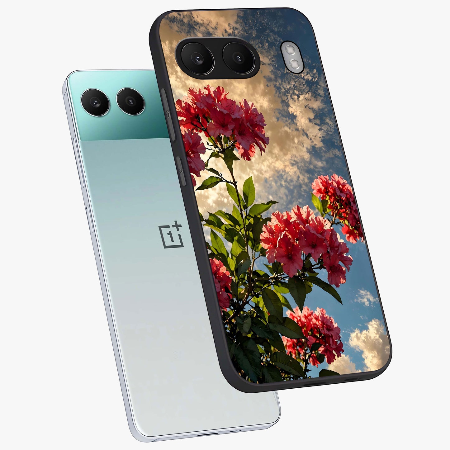 Moonlit Blossom Charm Glass Case for 1+Nord 4 angled mockup showcasing glossy glass finish and delicate bloom detailing