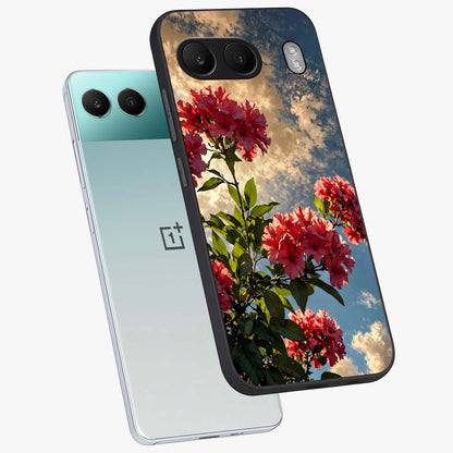 Moonlit Blossom Charm Glass Case for 1+Nord 4 angled mockup showcasing glossy glass finish and delicate bloom detailing