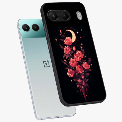 Moonlit Floral Elegance Glass Case for 1+Nord 4 angled mockup showcasing glossy finish and rich night tones
