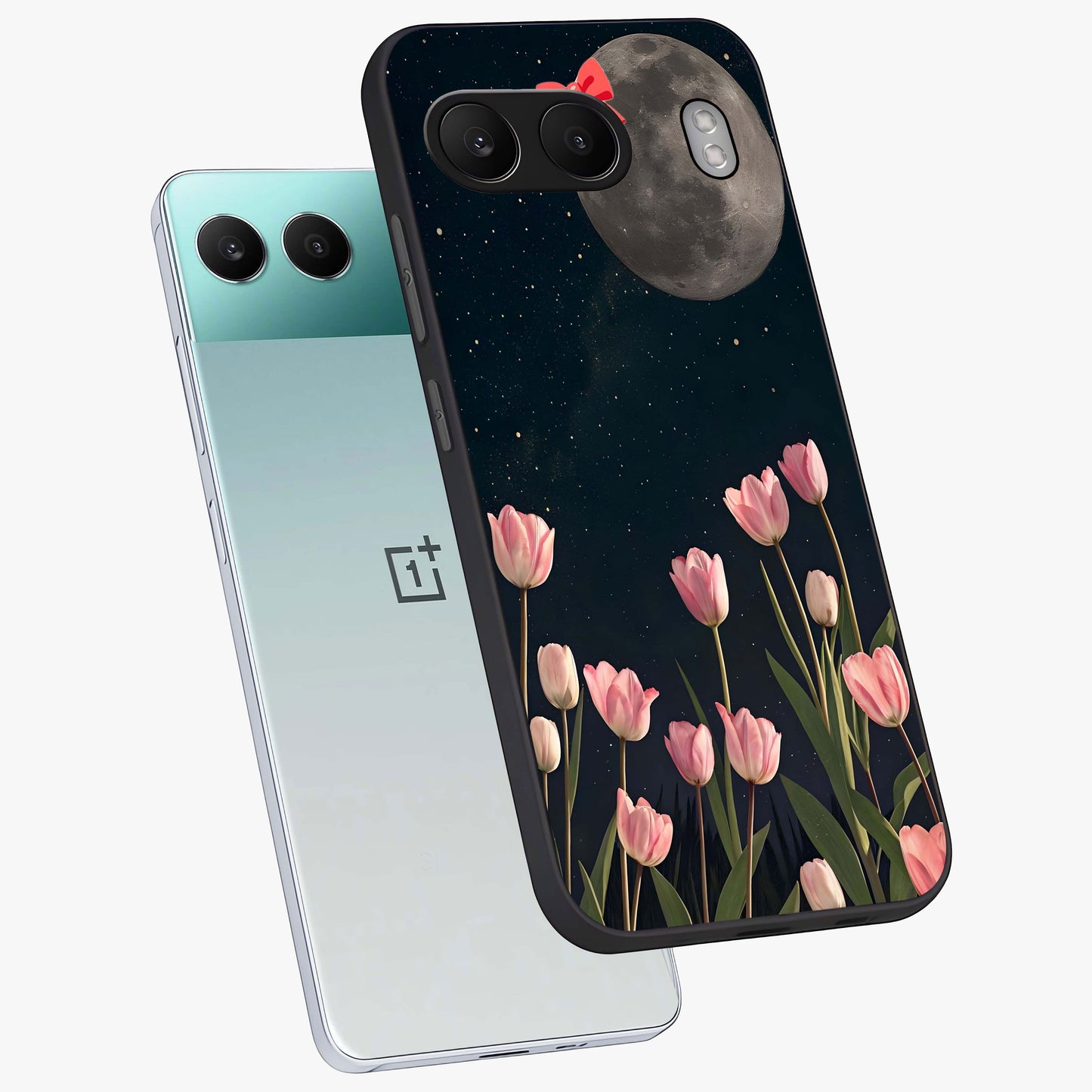 Moonlit Night Tulip Glass Case for 1+Nord 4 angled mockup showcasing glossy finish and soft luminous accents