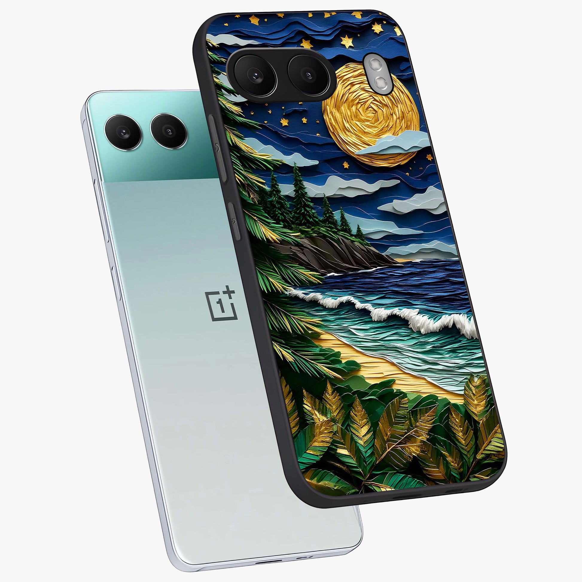 Moonlit Ocean Pines Glass Case for 1+Nord 4 angled mockup showcasing glossy finish and deep blue gradients