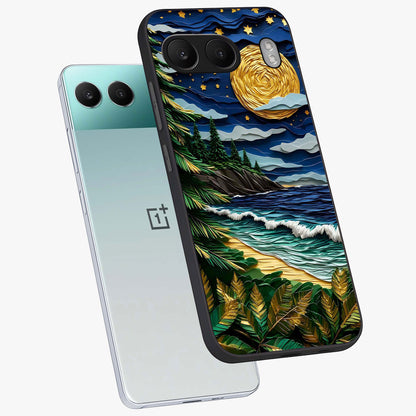Moonlit Ocean Pines Glass Case for 1+Nord 4 angled mockup showcasing glossy finish and deep blue gradients