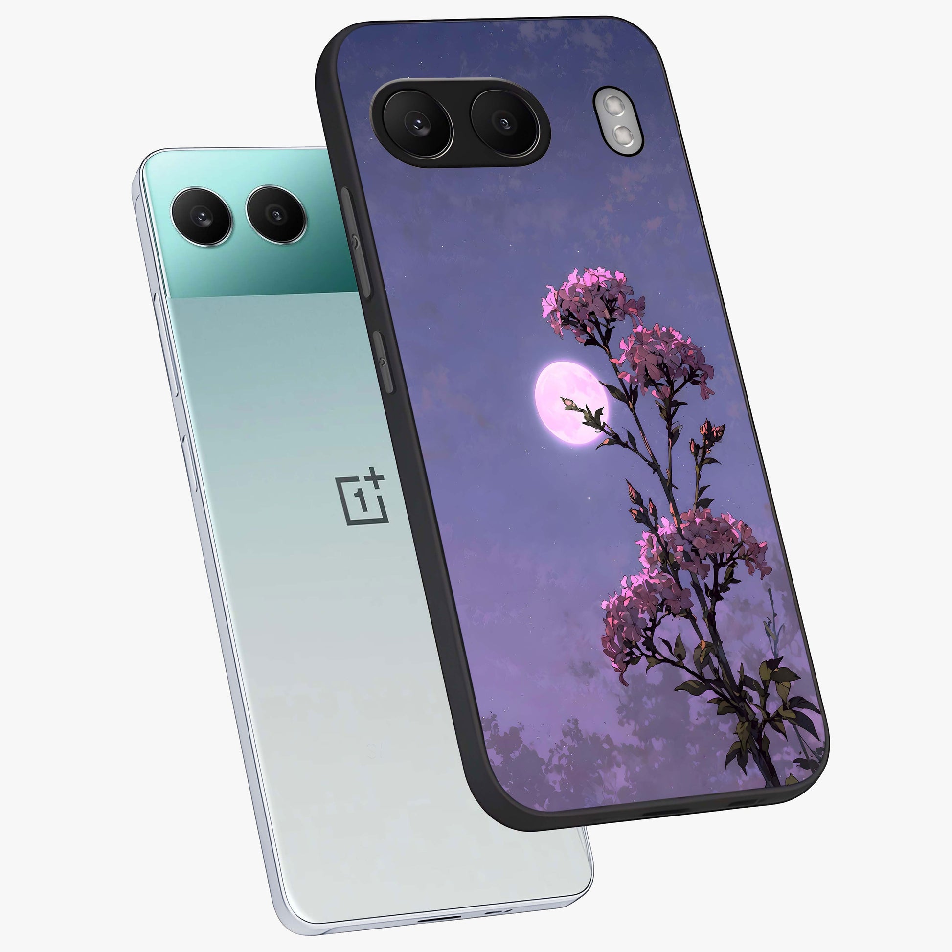 Moonlit Petal Night Glass Case for 1+Nord 4 angled mockup showcasing glossy finish and subtle moonlight detailing