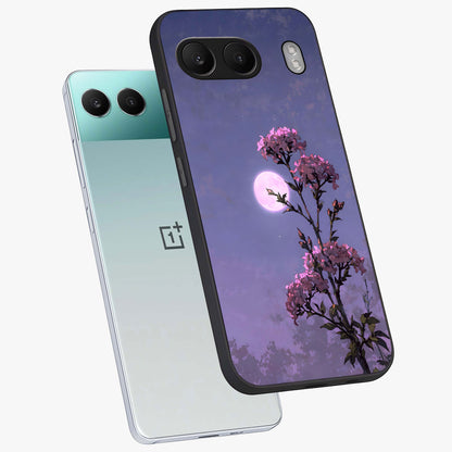 Moonlit Petal Night Glass Case for 1+Nord 4 angled mockup showcasing glossy finish and subtle moonlight detailing