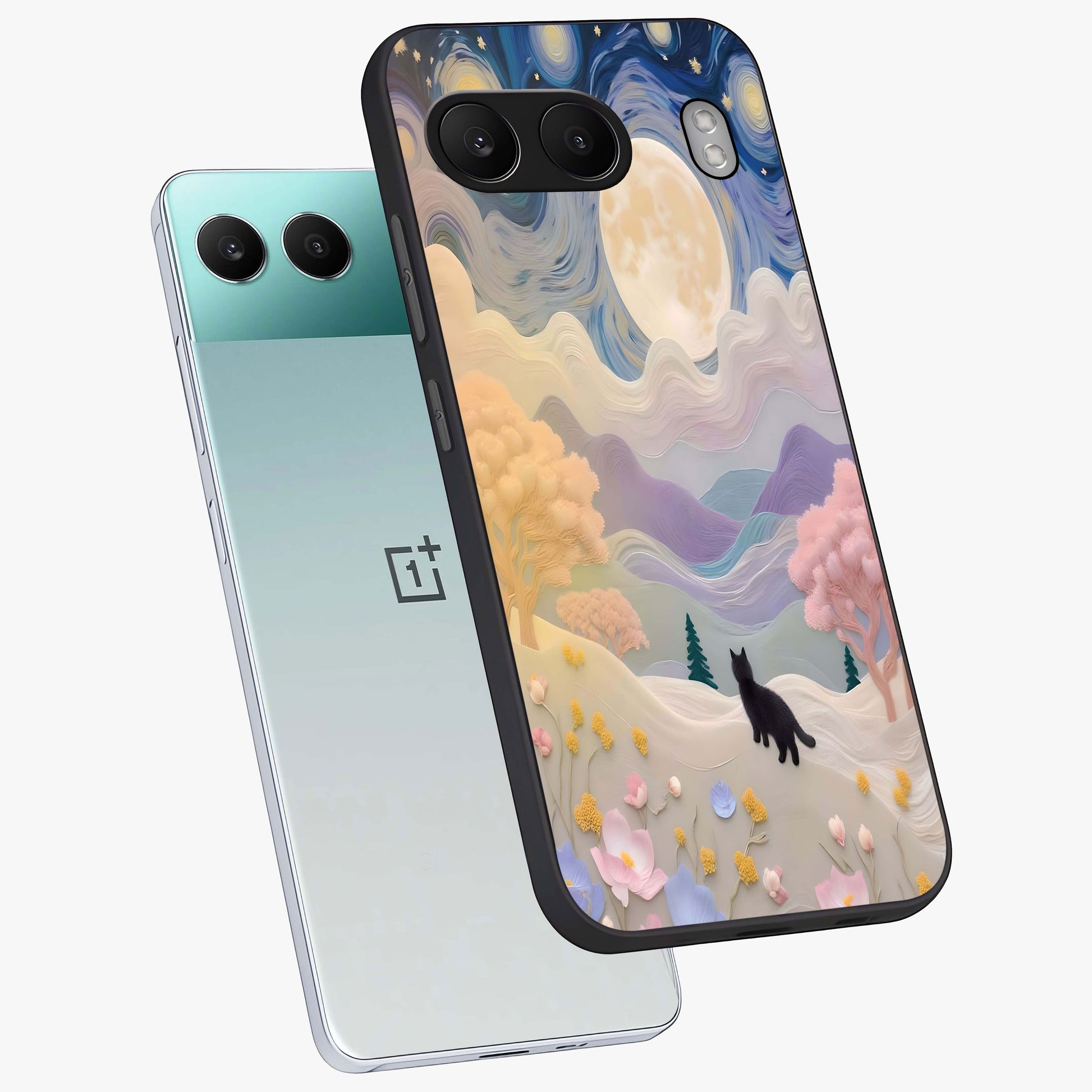 Moonlit Petal Path Glass Case for 1+Nord 4 angled mockup showcasing glossy finish and dreamy gradient tones