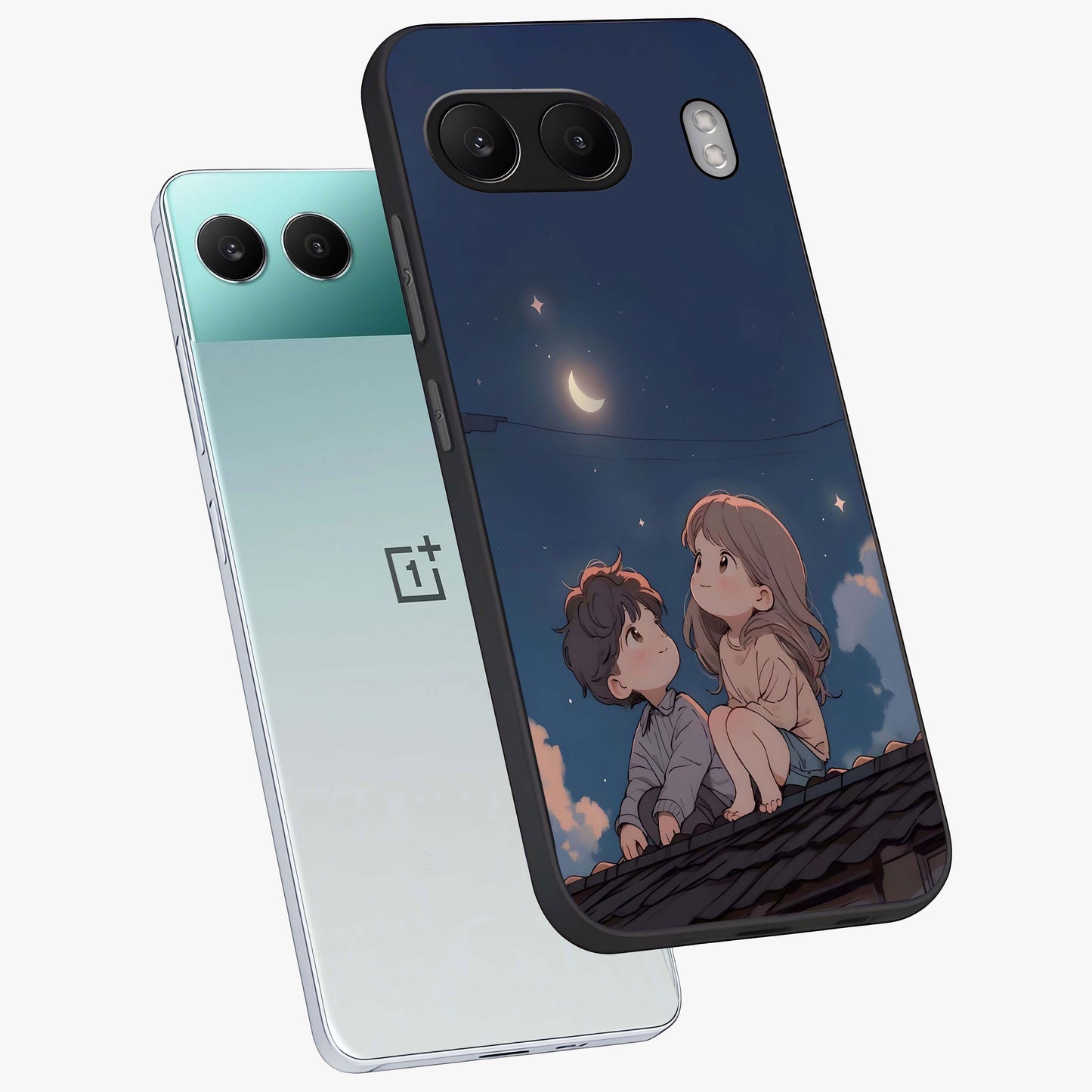 Moonlit Promise Together Glass Case for 1+Nord 4 angled mockup showcasing glossy finish and soft emotional detailing