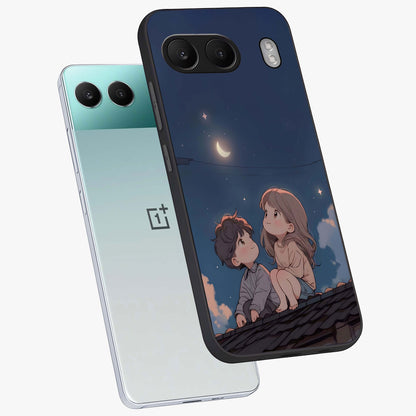 Moonlit Promise Together Glass Case for 1+Nord 4 angled mockup showcasing glossy finish and soft emotional detailing