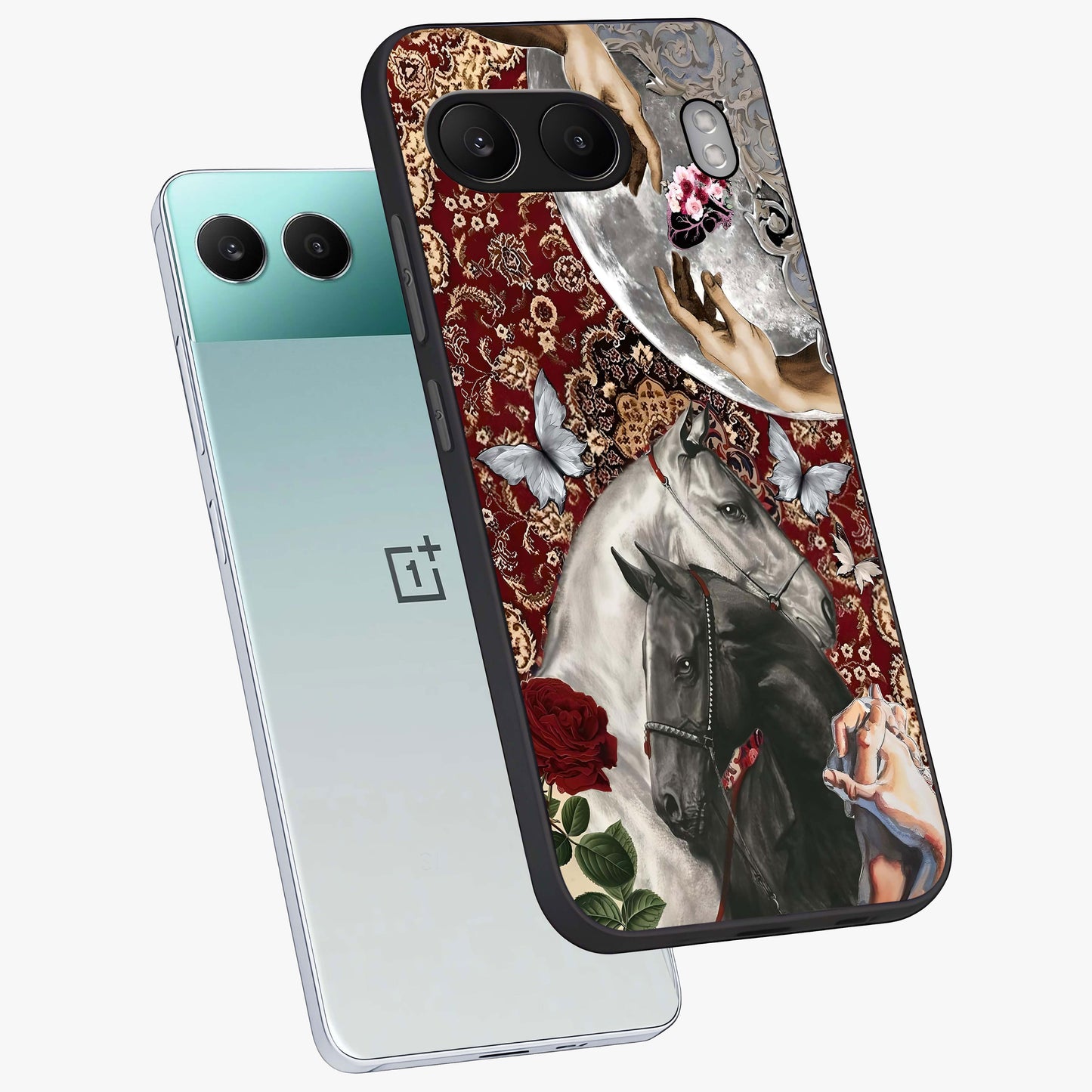 Moonlit Royal Stallion Glass Case for 1+Nord 4 angled mockup showcasing glossy finish and deep midnight tones