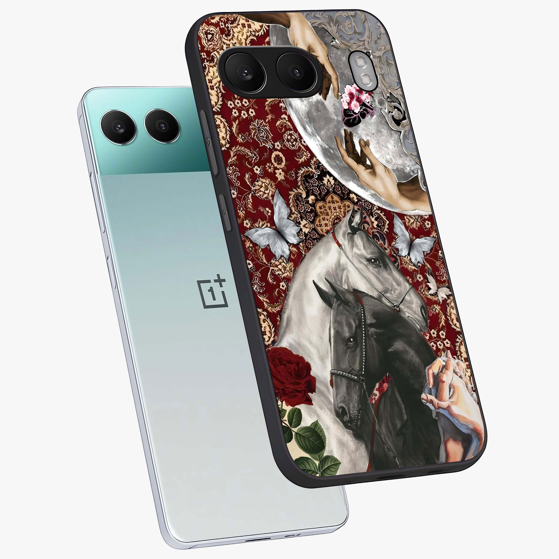 Moonlit Royal Stallion Glass Case for 1+Nord 4 angled mockup showcasing glossy finish and deep midnight tones
