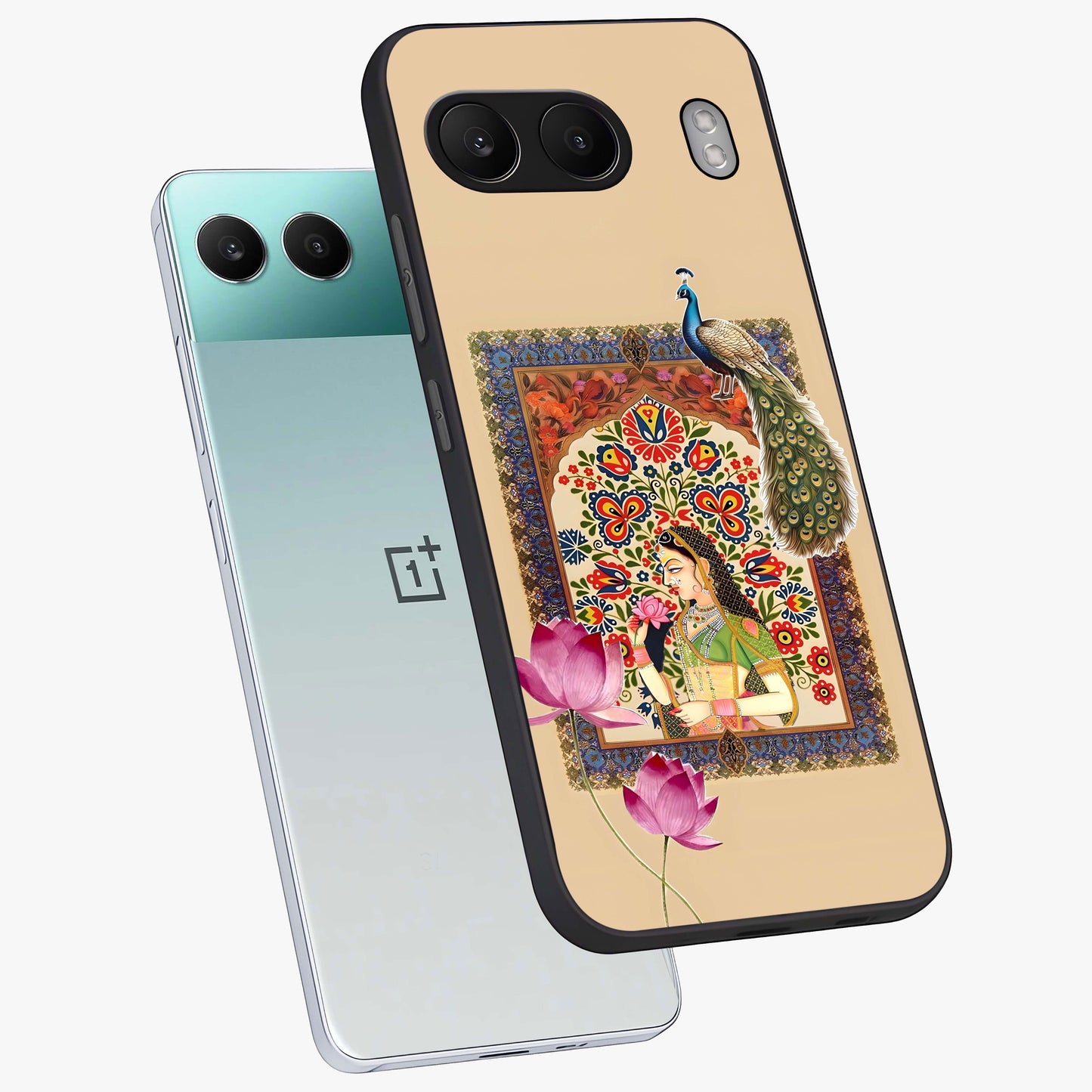 Mughal Princess and Peacock Glass Case for 1+Nord 4 angled mockup showcasing glossy finish and rich heritage tones