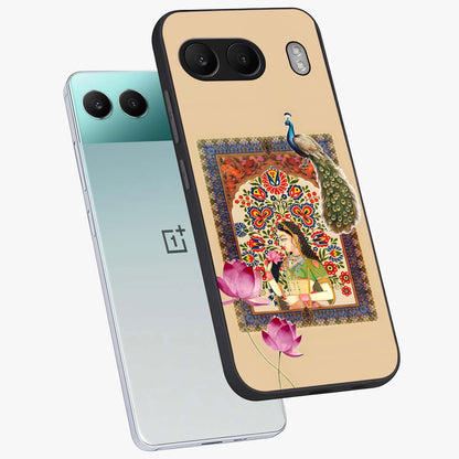 Mughal Princess and Peacock Glass Case for 1+Nord 4 angled mockup showcasing glossy finish and rich heritage tones