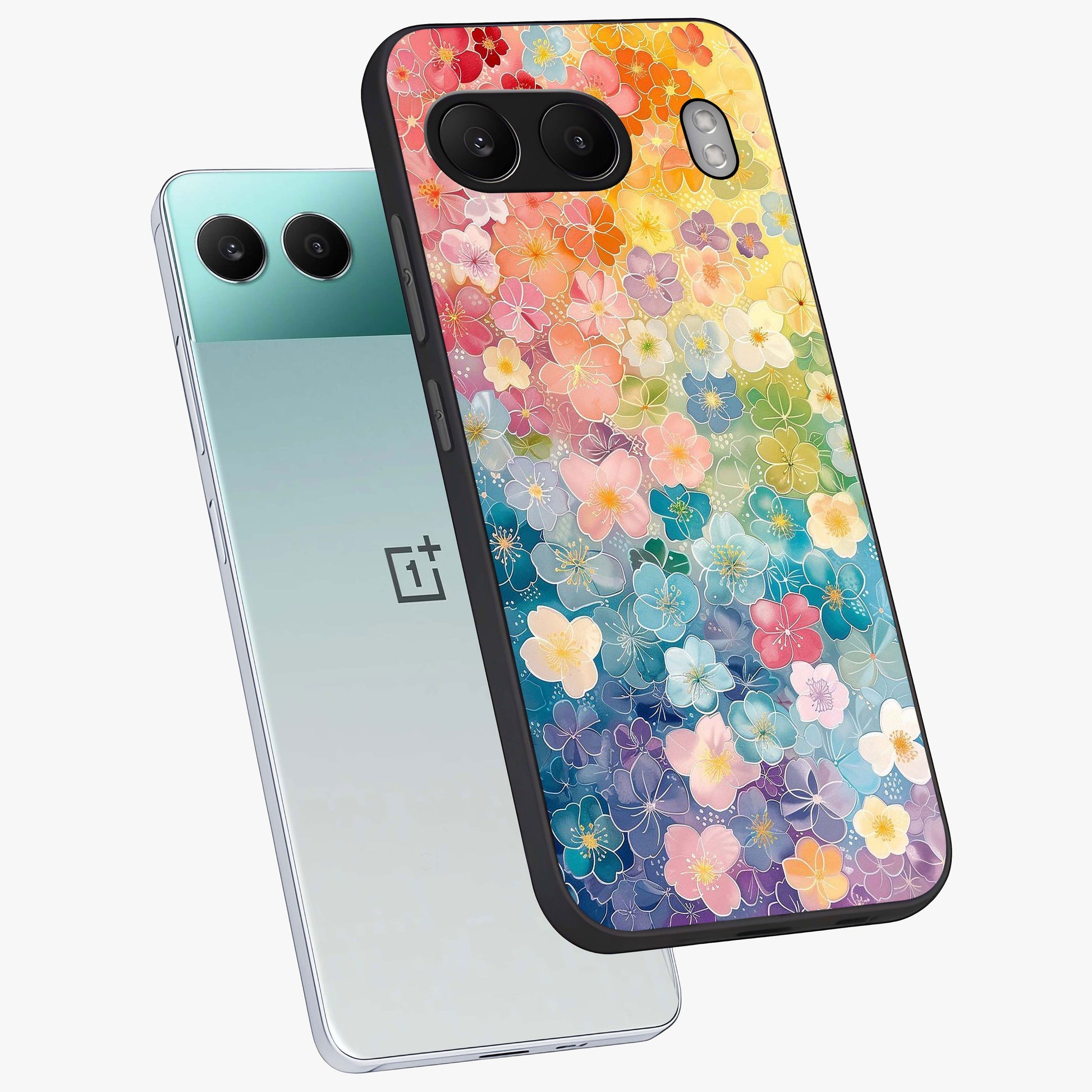 Multiple Background With Flower Glass Case for 1+Nord 4 angled mockup showcasing glossy glass finish and colorful detailing