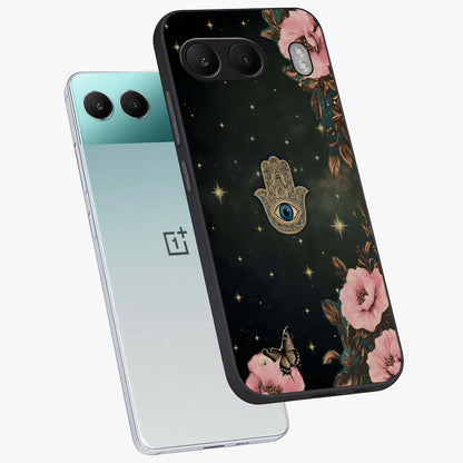 Mystic Bloom Protection Glass Case for 1+Nord 4 angled mockup showcasing glossy finish and vibrant spiritual tones