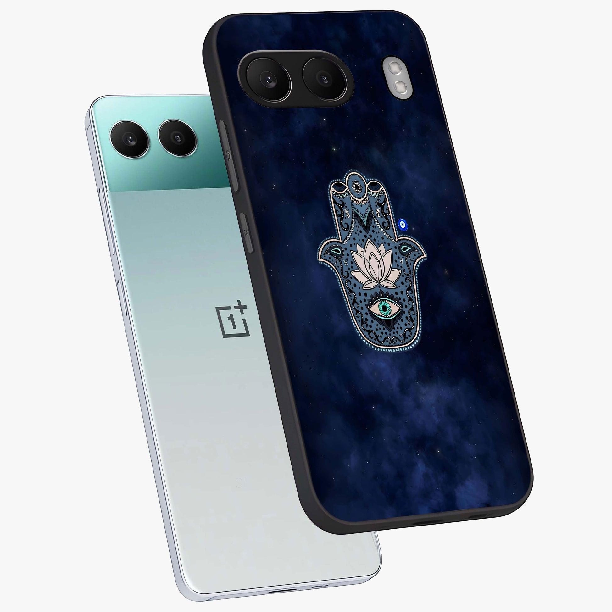 Mystic Calm Shield Glass Case for 1+Nord 4 angled mockup showcasing glossy finish and subtle mystical detailing