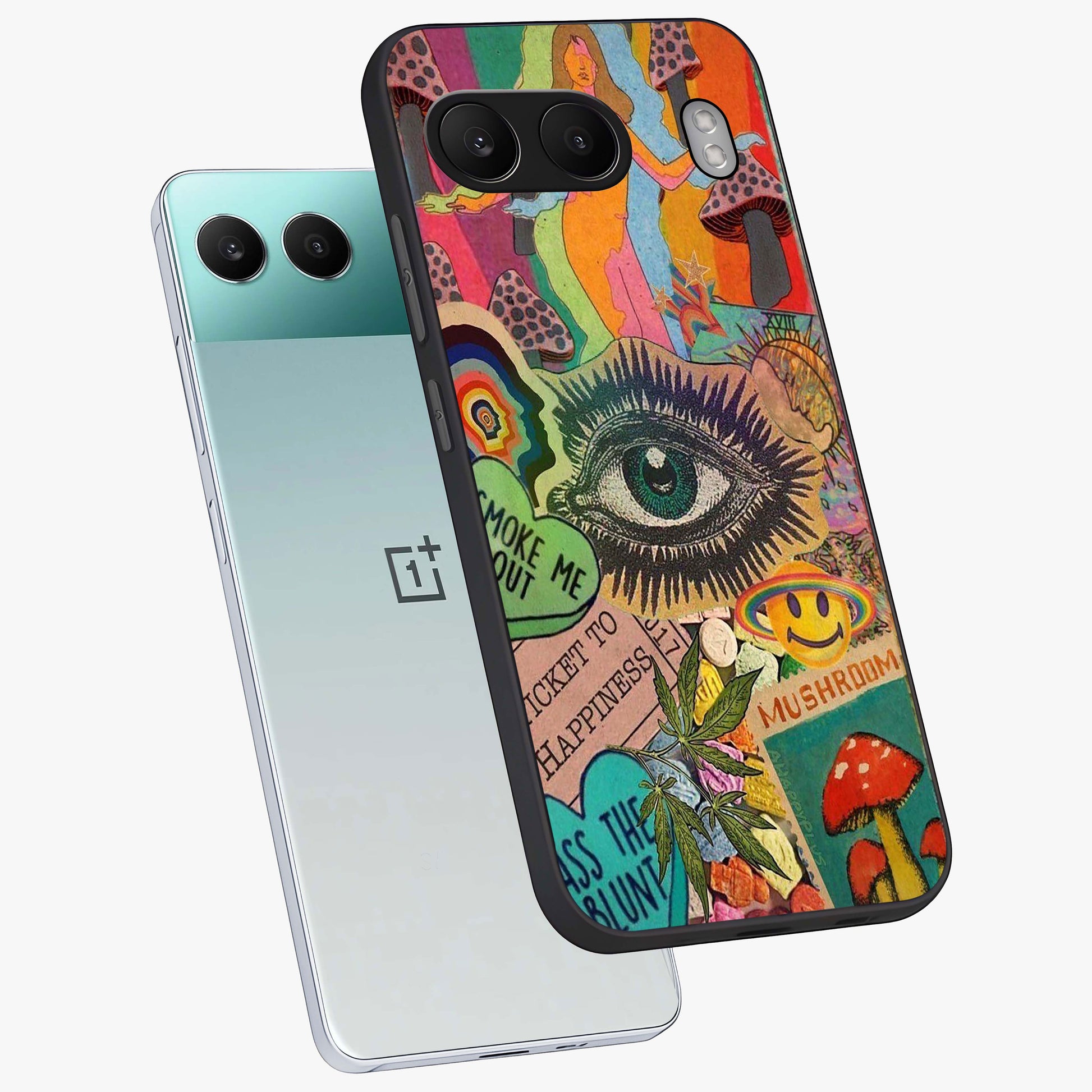 Mystic Eye Wonderland Glass Case for 1+Nord 4 angled mockup showcasing glossy finish and vibrant cosmic tones