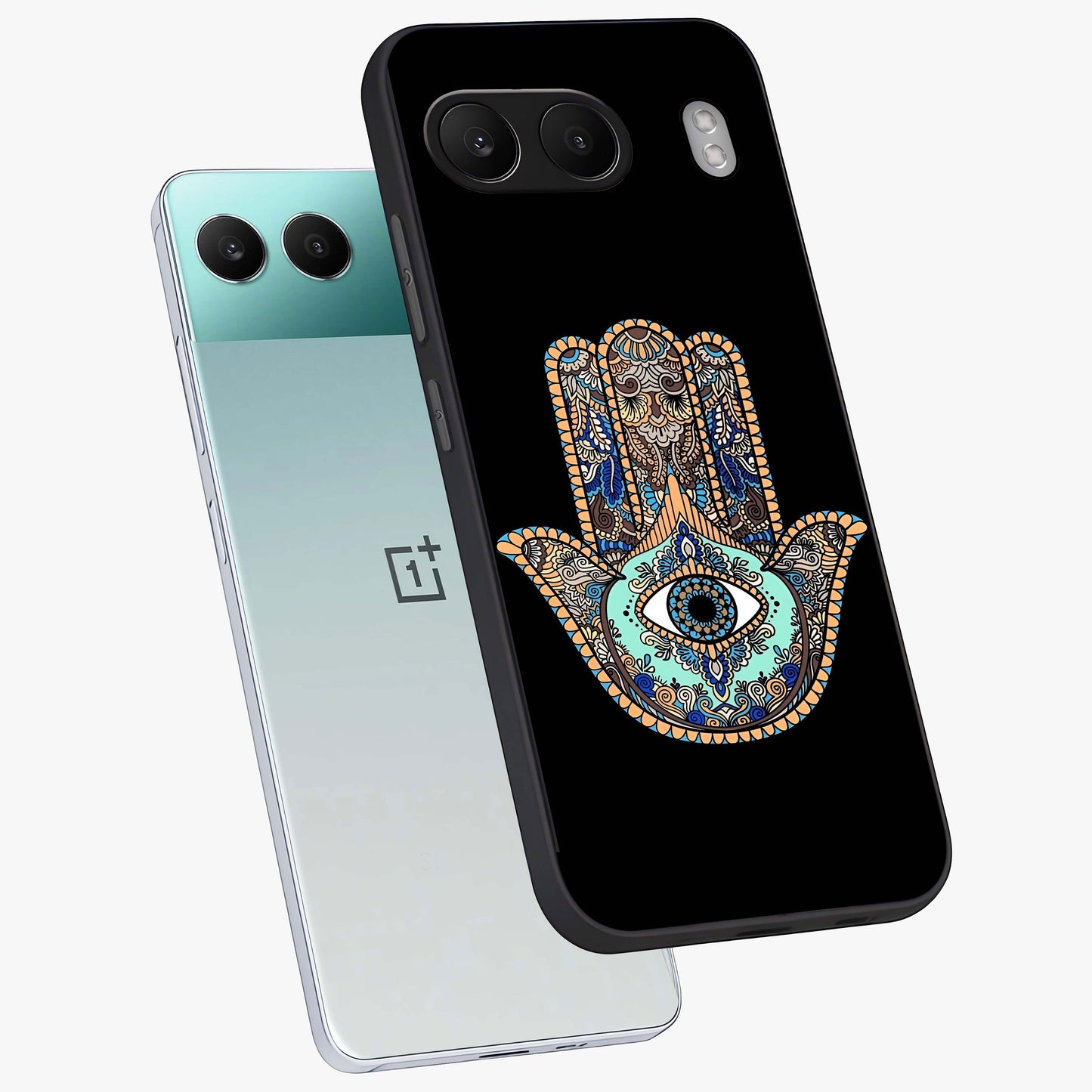 Mystic Hamsa Eye Glass Case for 1+Nord 4 angled mockup showcasing glossy finish and protective design elements