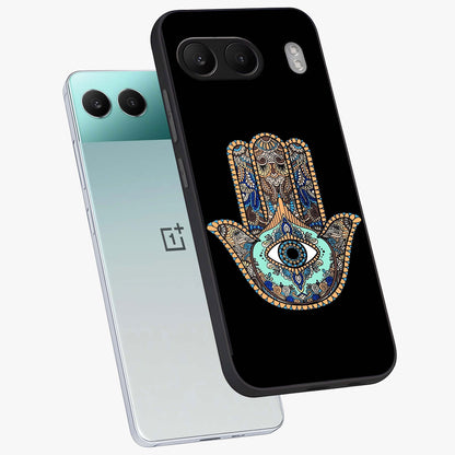 Mystic Hamsa Eye Glass Case for 1+Nord 4 angled mockup showcasing glossy finish and protective design elements