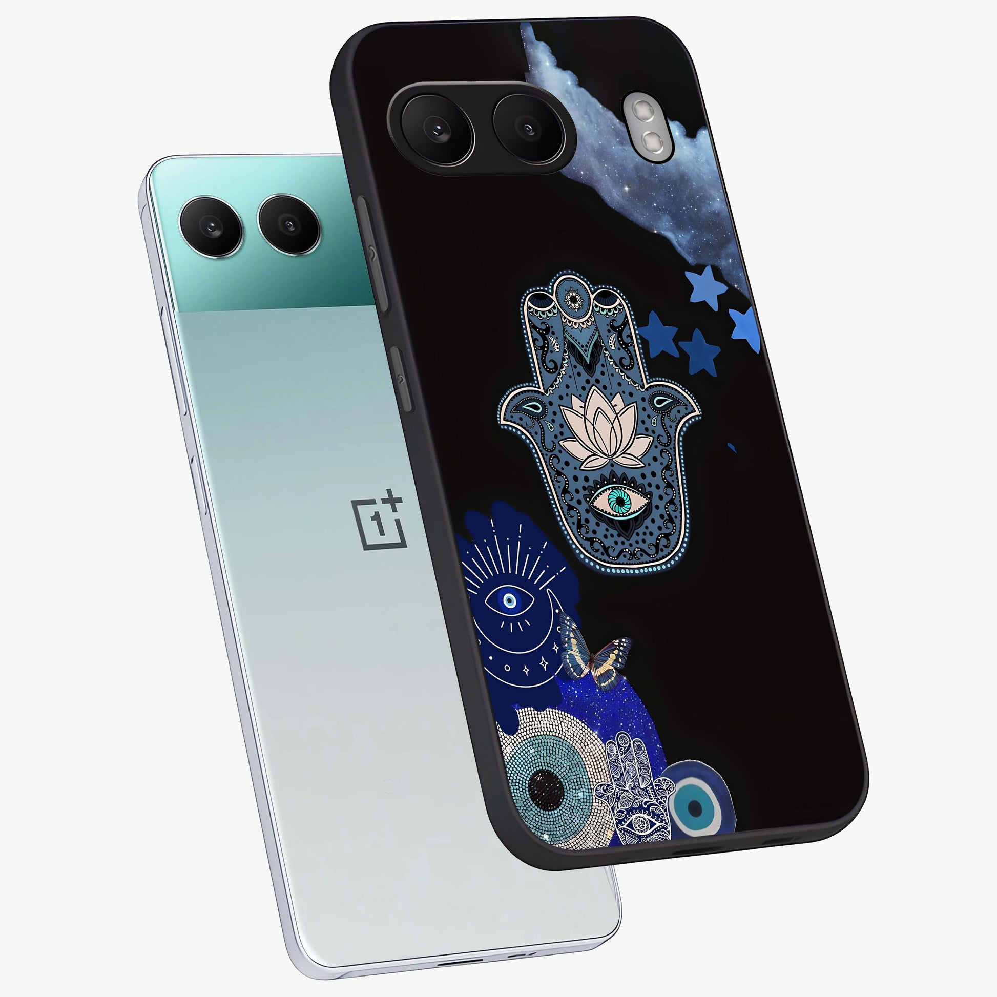 Mystic Hand Aura Glass Case for 1+Nord 4 angled mockup showcasing glossy finish and radiant mystical detailing