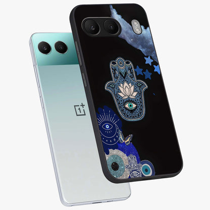 Mystic Hand Aura Glass Case for 1+Nord 4 angled mockup showcasing glossy finish and radiant mystical detailing