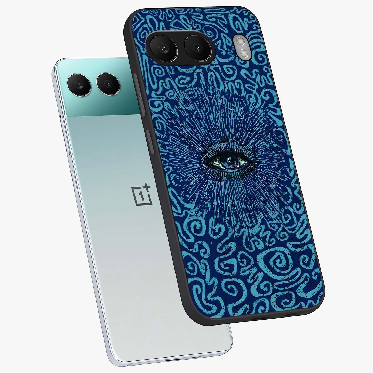 Mystic Inner Eye Glass Case for 1+Nord 4 angled mockup showcasing glossy finish and deep cosmic gradients