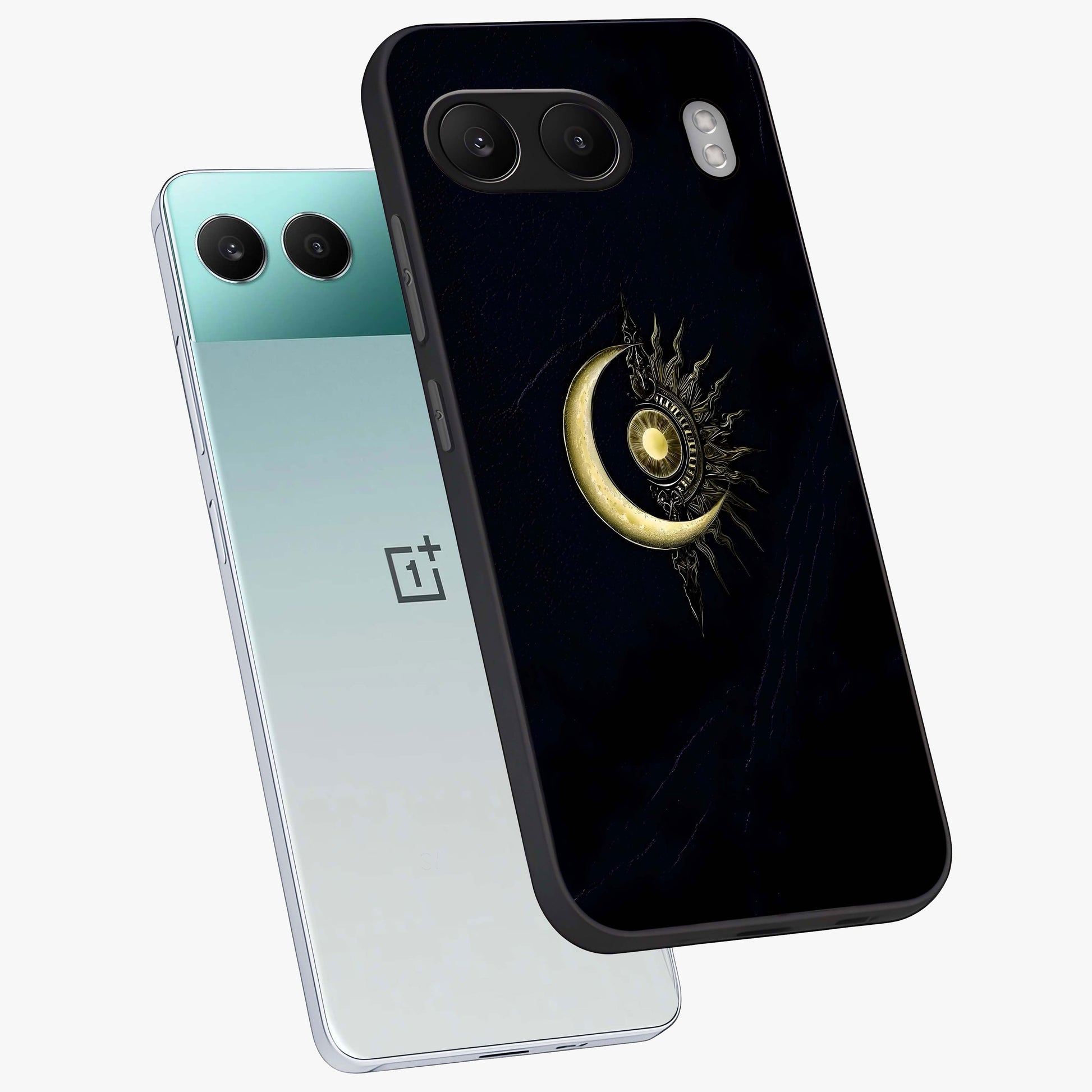 Mystic Lunar Flame Glass Case for 1+Nord 4 angled mockup showcasing glossy finish and glowing night tones