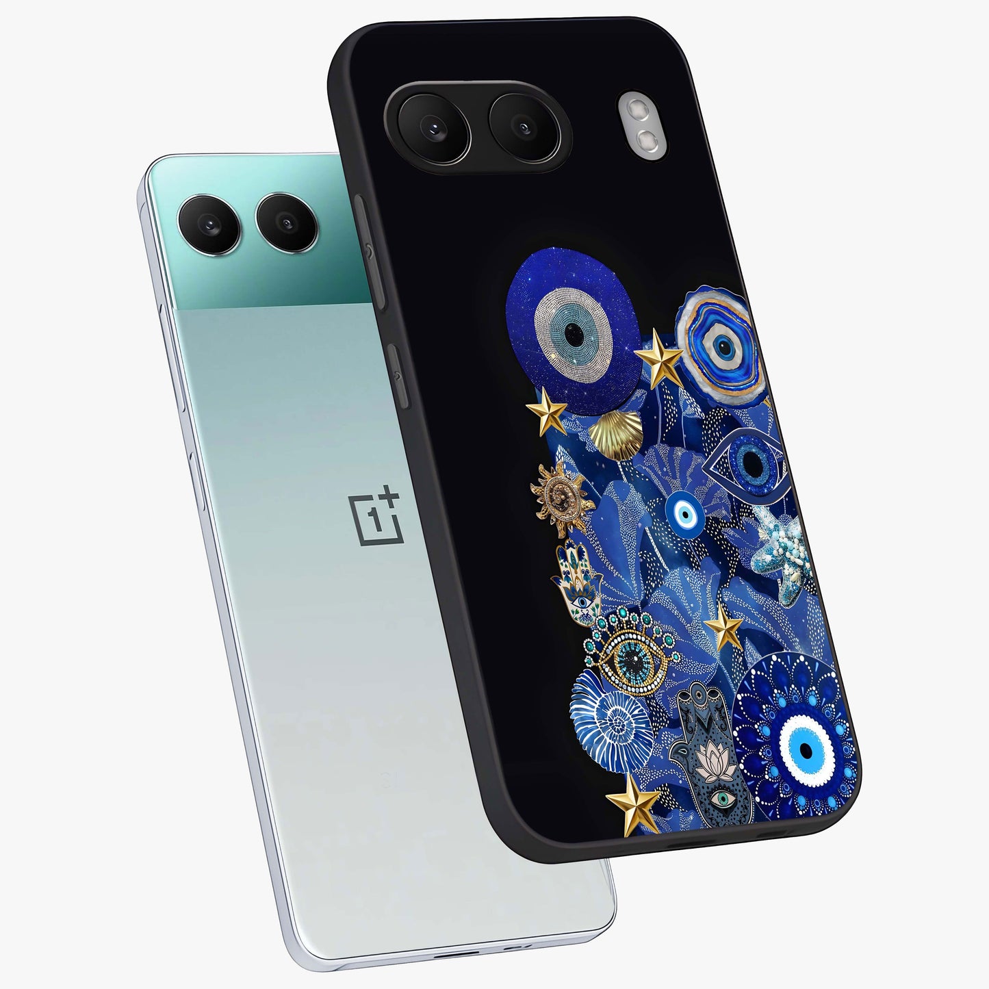 Mystic Ocean Eye Glass Case for 1+Nord 4 angled mockup showcasing glossy finish and fluid wave detailing