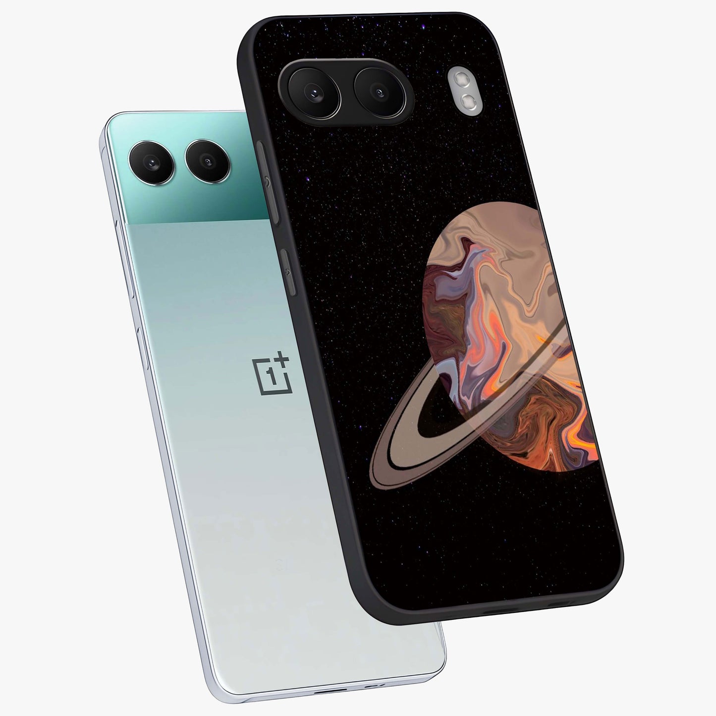 Mystic Saturn Aesthetic Glass Case for 1+Nord 4 angled mockup showcasing glossy finish and deep space gradients