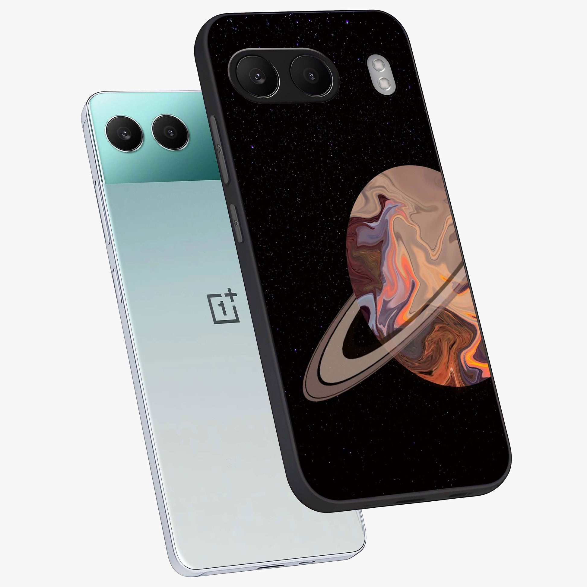 Mystic Saturn Aesthetic Glass Case for 1+Nord 4 angled mockup showcasing glossy finish and deep space gradients