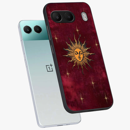 Mystic Solar Glow Glass Case for 1+Nord 4 angled mockup showcasing glossy glass finish and warm golden tones