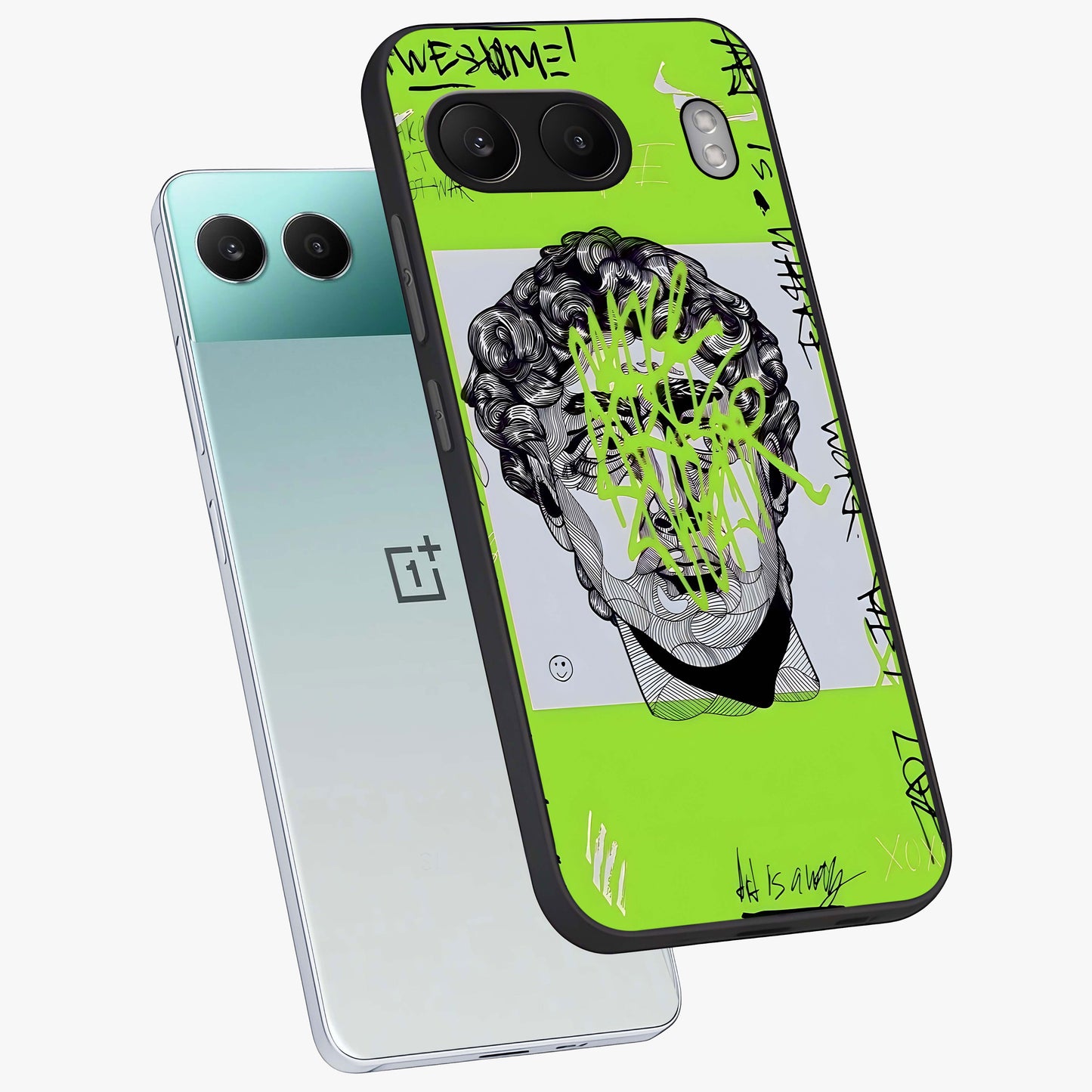 Neo Graffiti Rebellion Glass Case for 1+Nord 4 angled mockup showcasing glossy finish and urban neon detailing