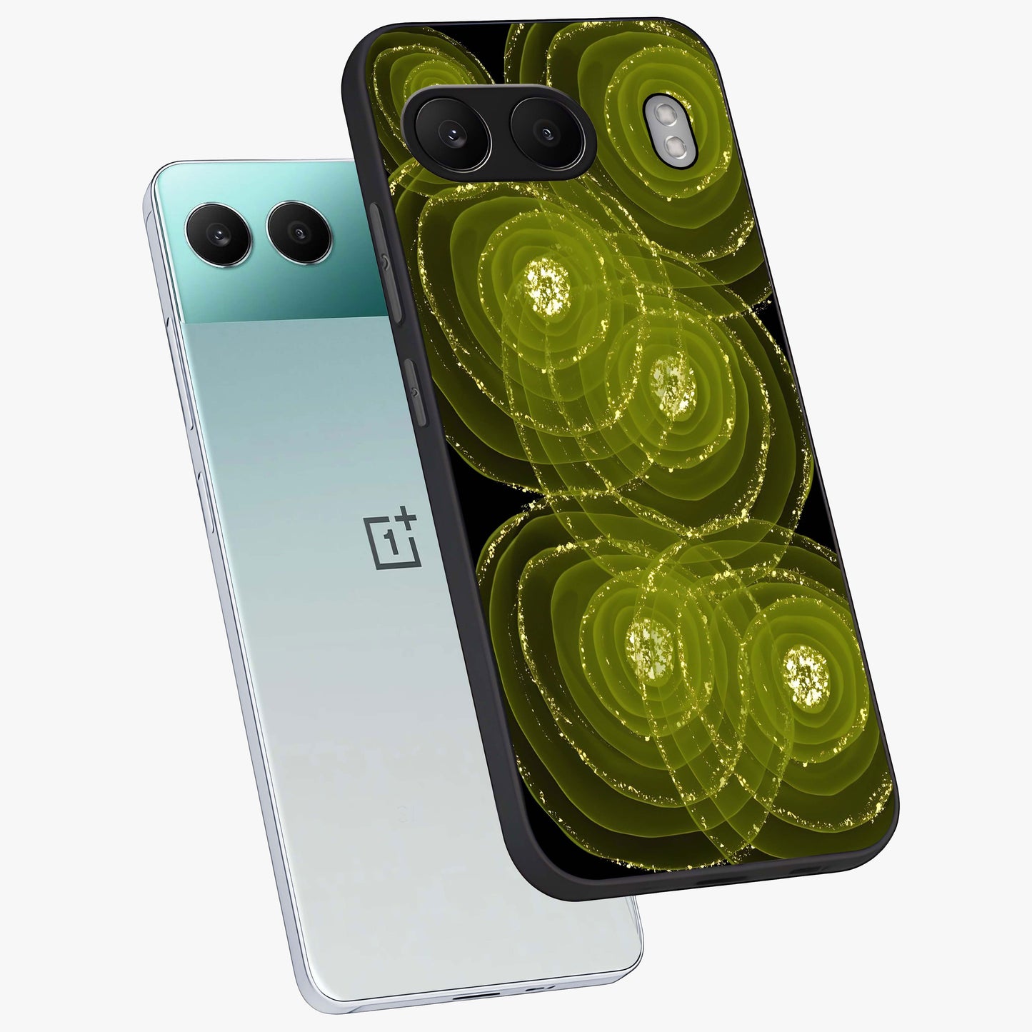 Neon Orbit Bloom Marble Glass Case for 1+Nord 4 angled mockup showcasing glossy finish and vibrant bloom detailing
