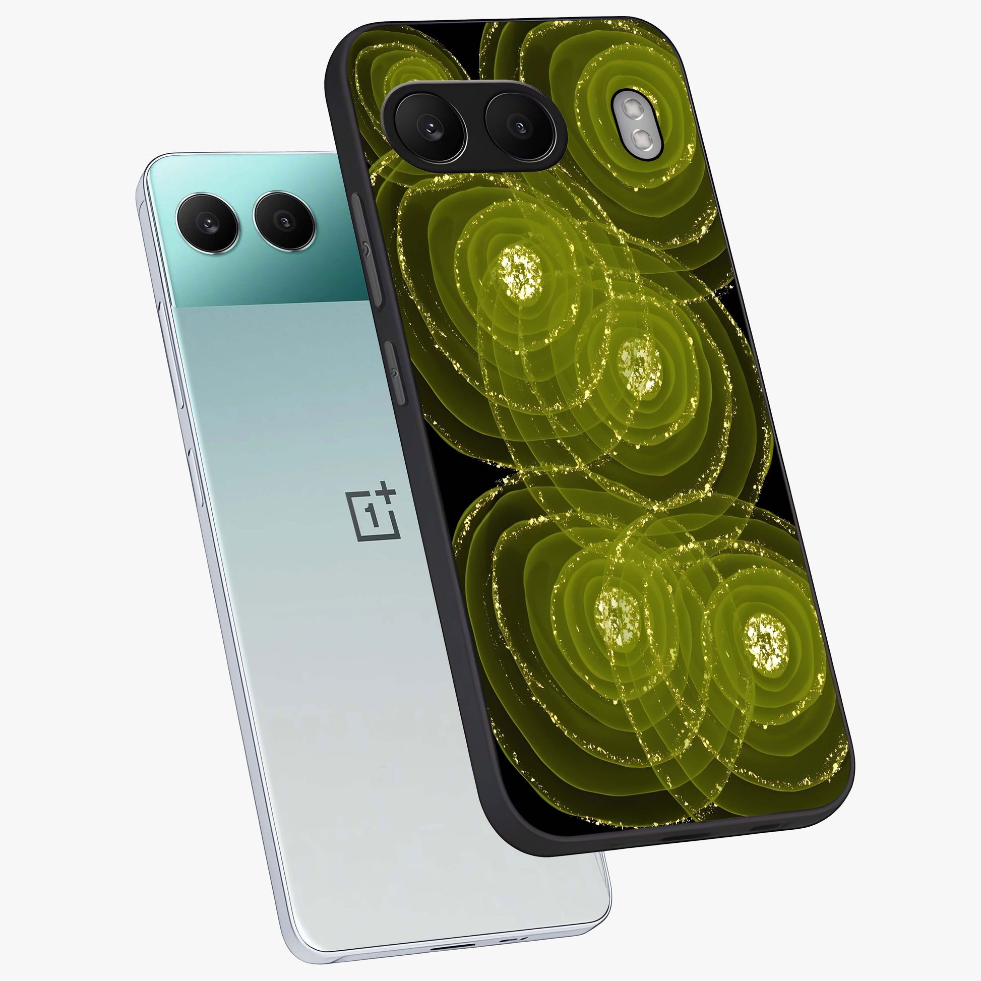 Neon Orbit Bloom Marble Glass Case for 1+Nord 4 angled mockup showcasing glossy finish and vibrant bloom detailing