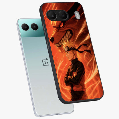 Nine Tails Legacy Glass Case for 1+Nord 4 angled mockup showcasing glossy finish and dramatic fiery tones