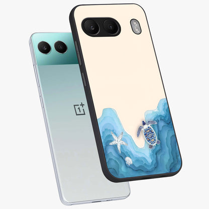 Ocean Drift Turtle Glass Case for 1+Nord 4 angled mockup showcasing glossy glass finish and fluid wave detailing