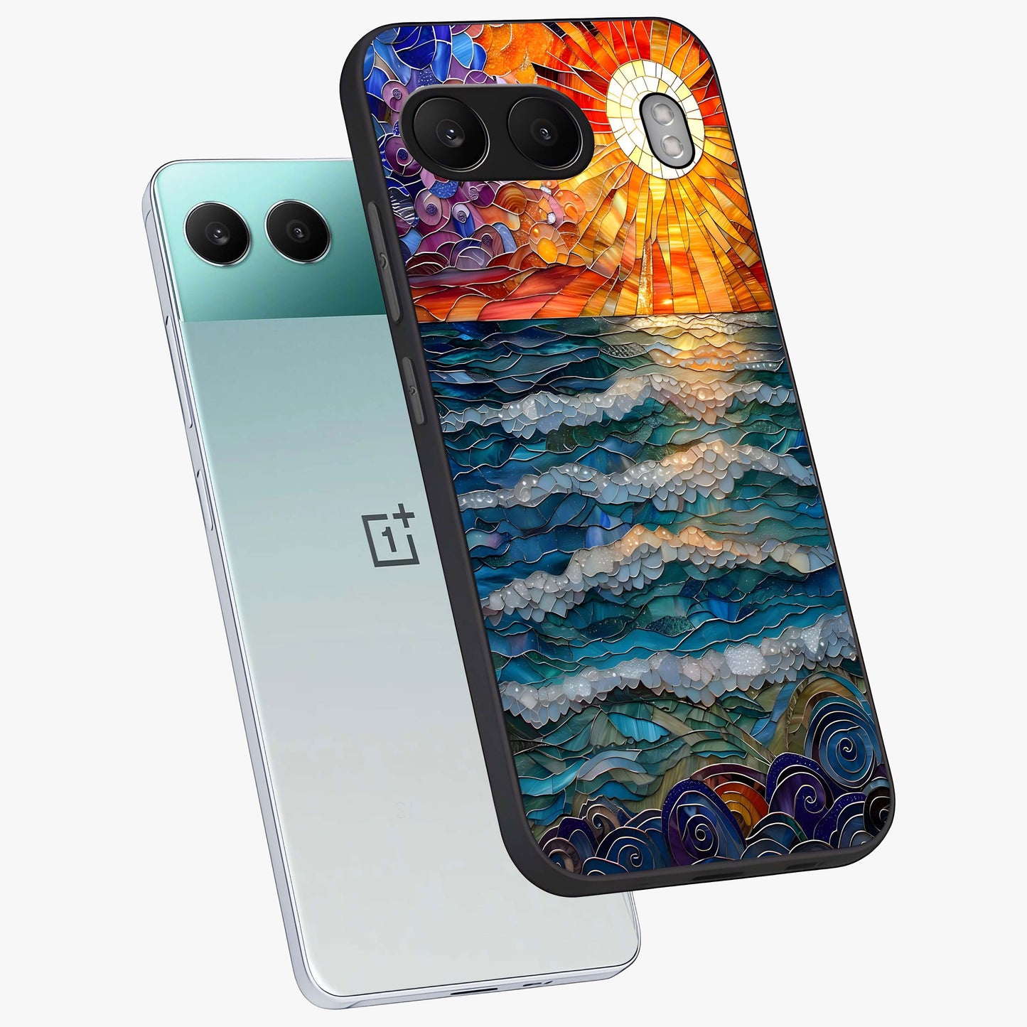 Ocean Mosaic Art Glass Case for 1+Nord 4 angled mockup showcasing glossy finish and vibrant blue detailing