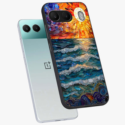 Ocean Mosaic Art Glass Case for 1+Nord 4 angled mockup showcasing glossy finish and vibrant blue detailing