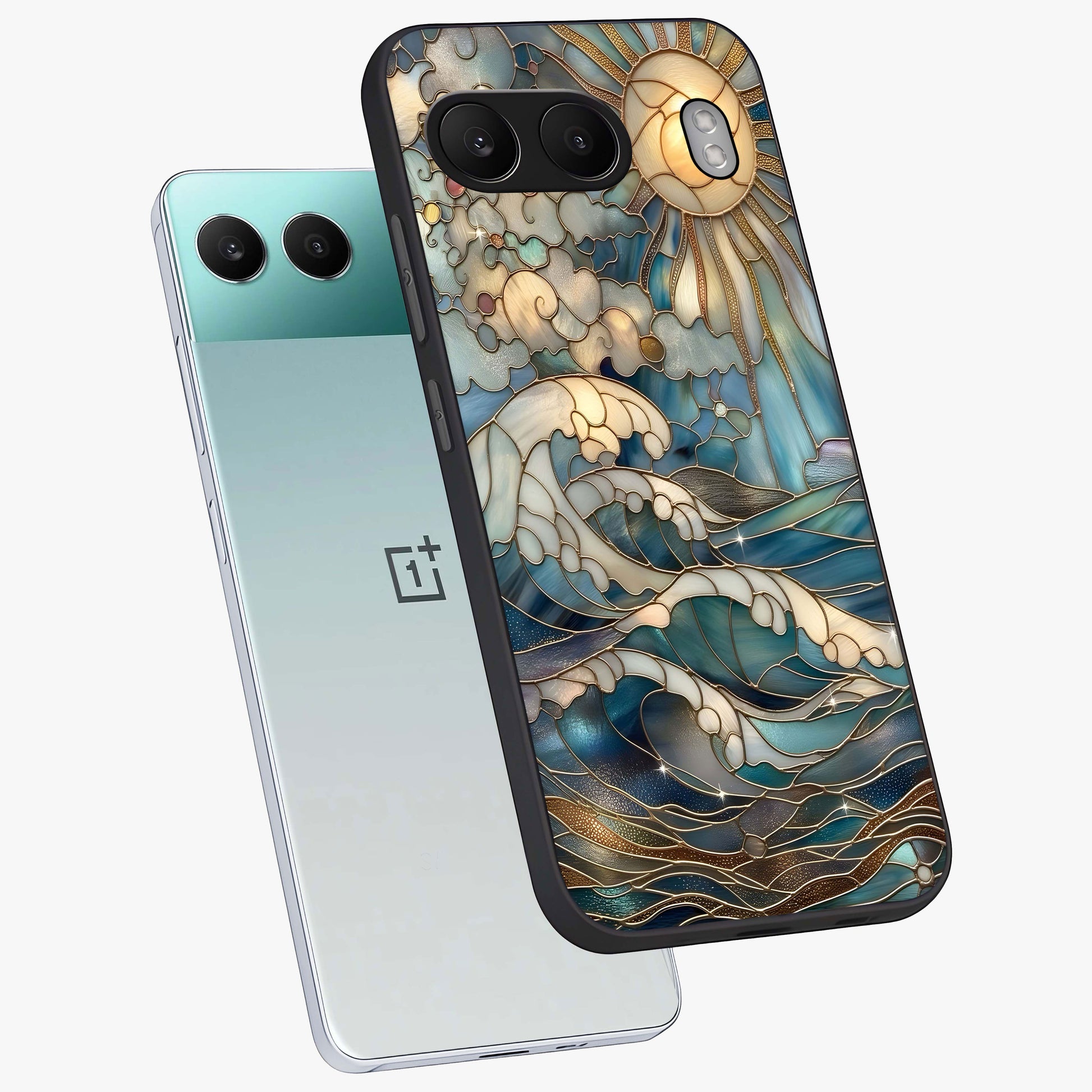 Oceanic Stained Printed Glass Case for 1+Nord 4 angled mockup showcasing glossy finish and rich aquatic tones