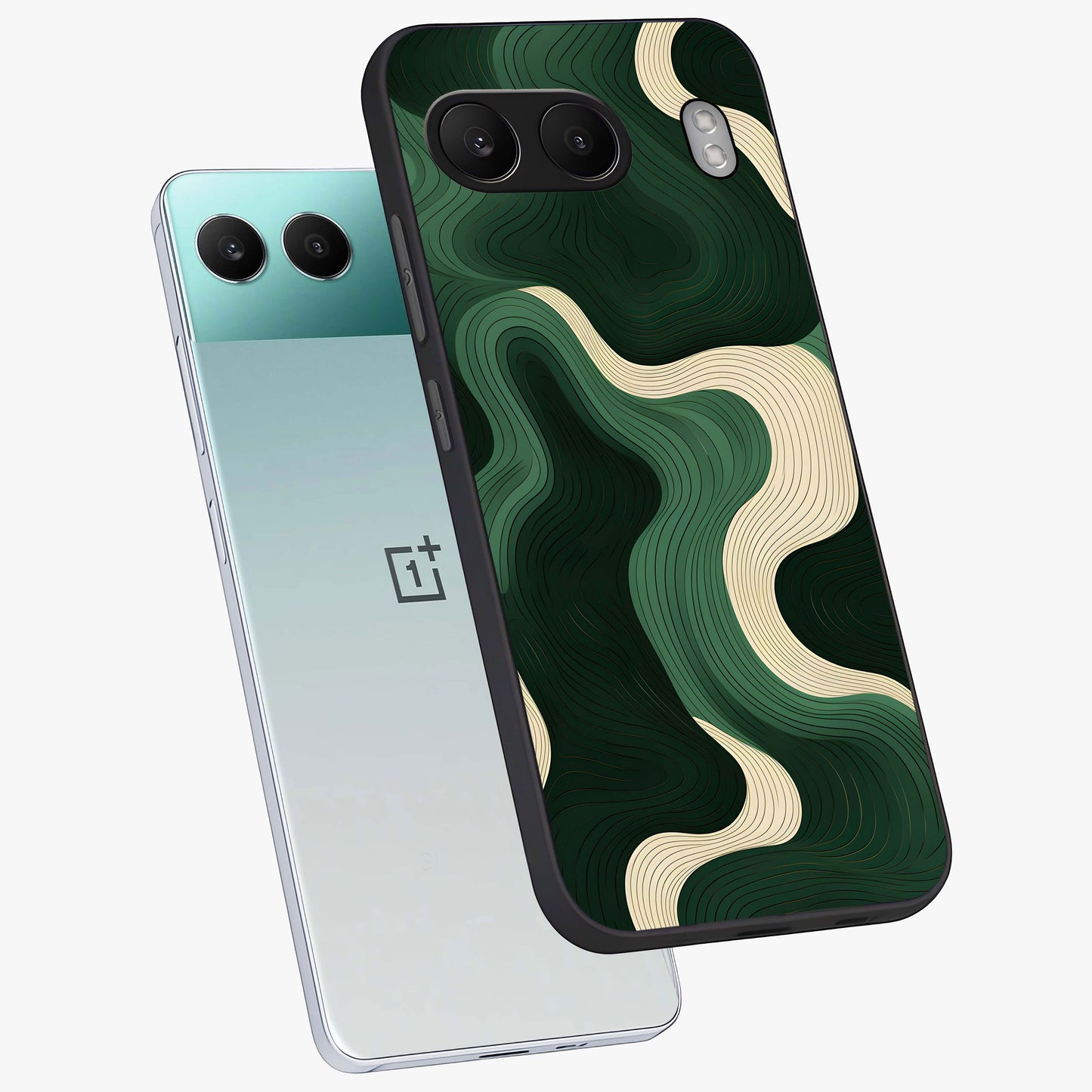 Organic Swirl Design Glass Case for 1+Nord 4 angled mockup showcasing glossy finish and smooth gradient tones