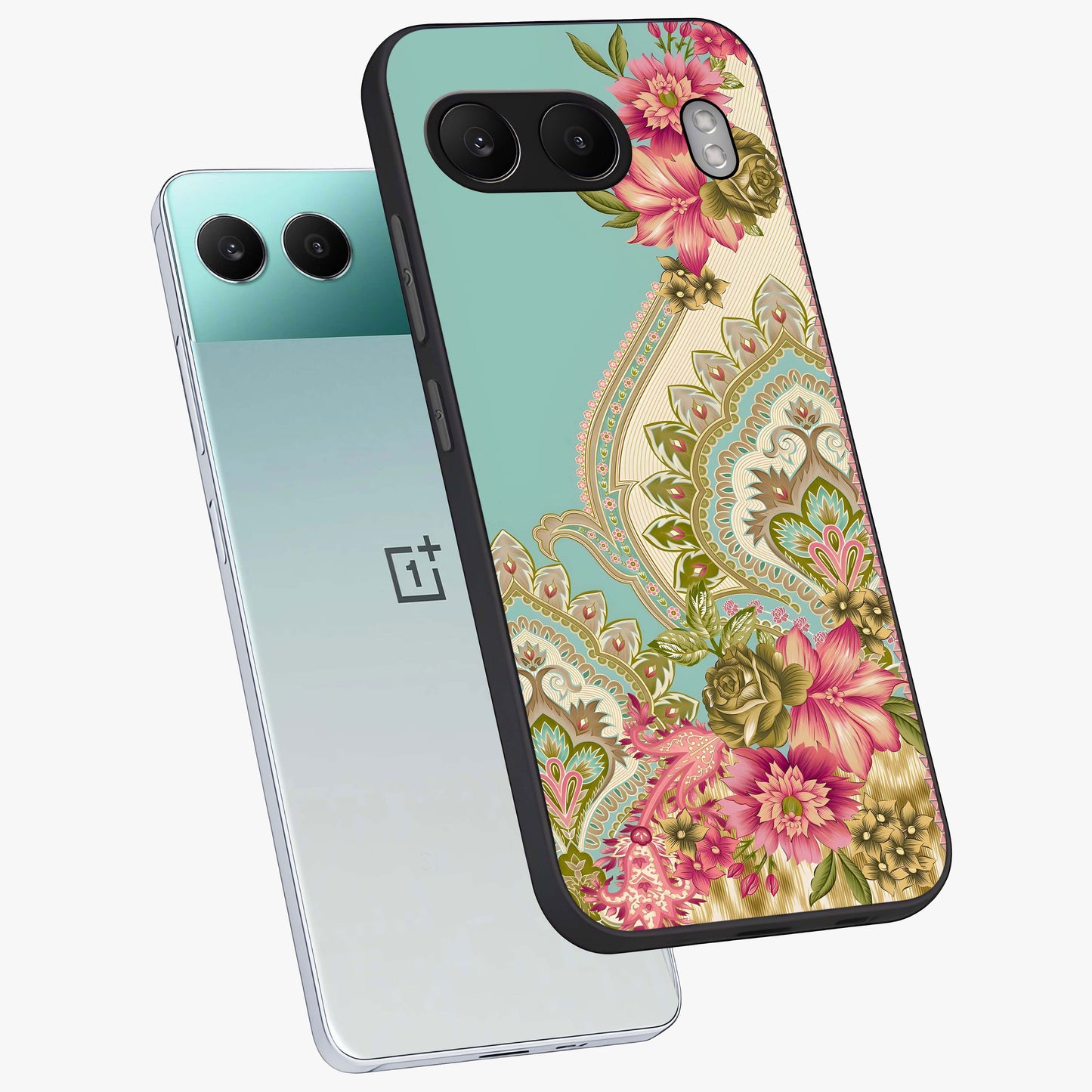 Ornate Mughal Floral Pattern Glass Case for 1+Nord 4 angled mockup showcasing glossy finish and rich heritage detailing